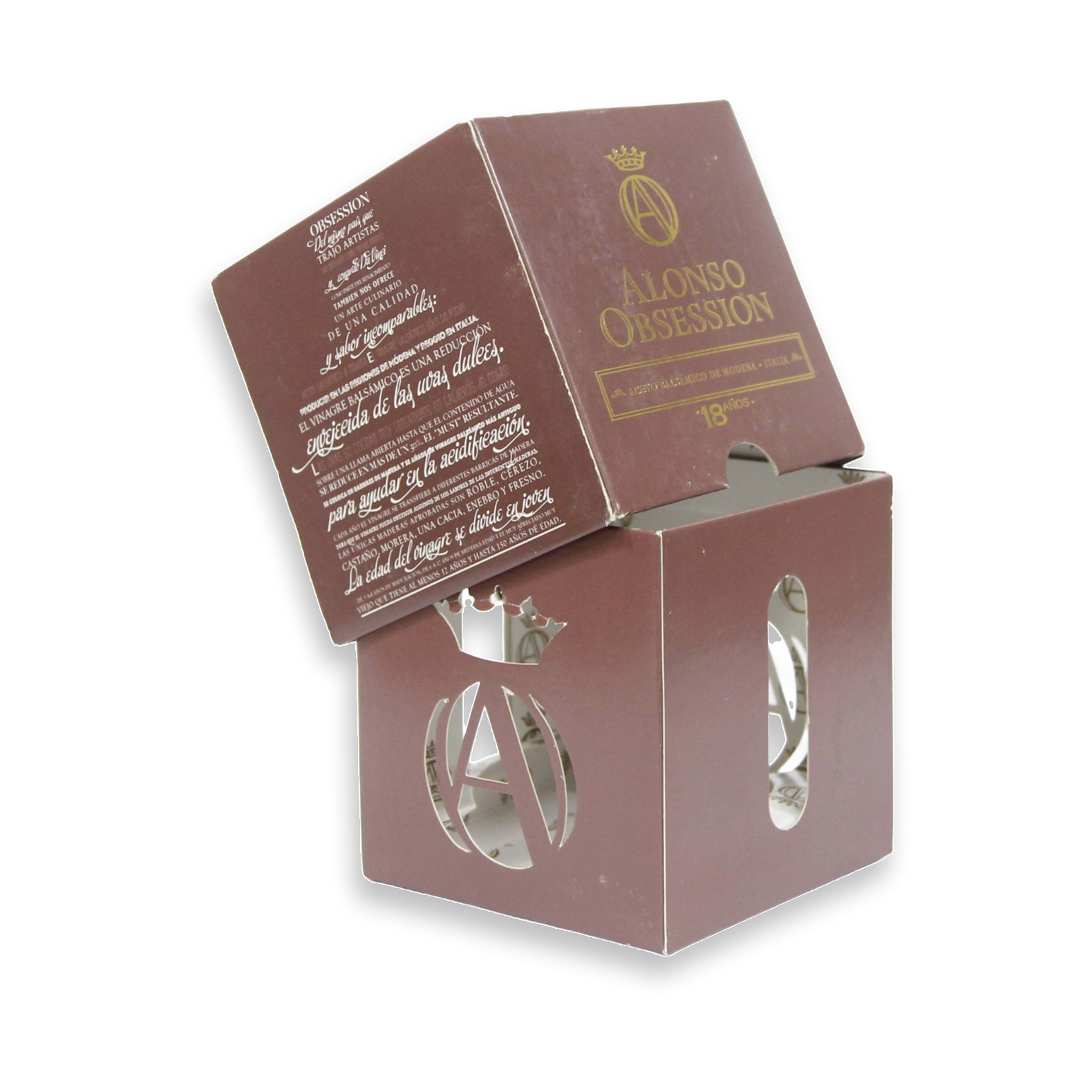 Estuche premium para aceite de oliva Alonso Obsession - Troquelado de precisión y terminación foil gold